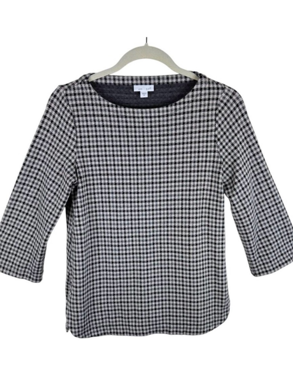 J. Jill Gray Black Checkered Ponte 3/4 Sleeve Round Neck Pullover Knit Top Sz XS